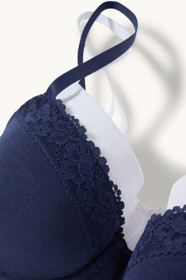 Donna - Confezione da 2 - reggiseno con ferretti - DEMI - imbottito - blu scuro / bianco