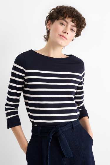 Damen - Basic-Langarmshirt - gestreift - dunkelblau