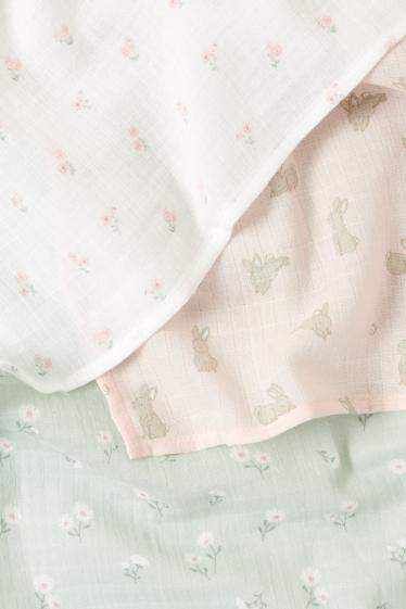 Baby Mädchen - Multipack 3er - Blümchen und Häschen - Baby-Musselin-Tuch - rosa