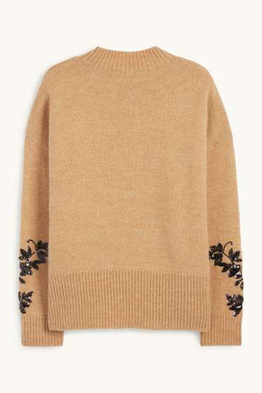 Damen - Pullover mit Stehkragen - Glanz-Effekt - geblümt - beige