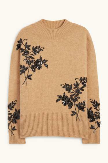 Damen - Pullover mit Stehkragen - Glanz-Effekt - geblümt - beige