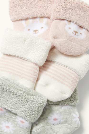 Miminka - dívky - Multipack 3 ks - květinový motiv a motiv zajíčka - ponožky pro novorozence - meruňková