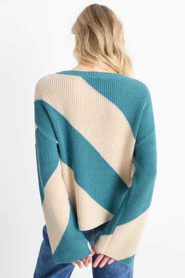 Women - Jumper - ribbed - striped - turquoise