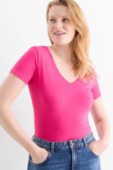 Dona - Samarreta de màniga curta amb coll en punta - slim fit - fúcsia