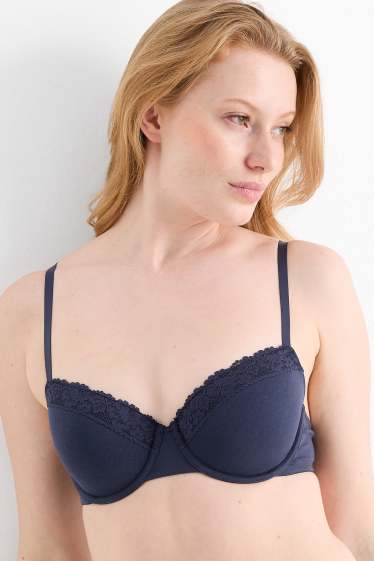 Donna - Confezione da 2 - reggiseno con ferretti - DEMI - imbottito - blu scuro / bianco