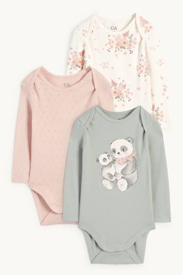 Bébés filles - Lot de 3 - petites fleurs et pandas - bodys bébé - beige clair
