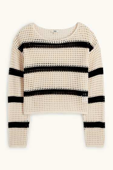 Women - Cropped jumper - striped - light beige