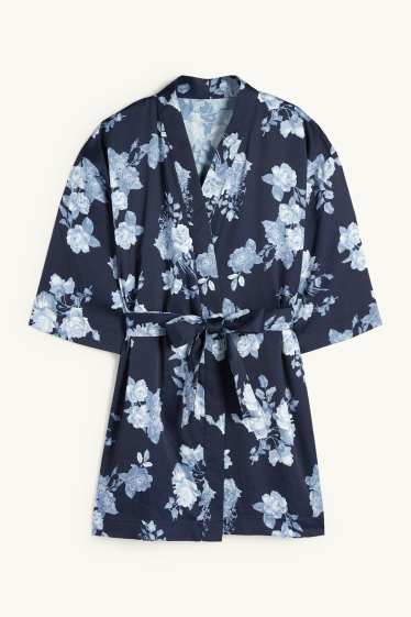 Femmes - Kimono de satin - à fleurs - bleu foncé