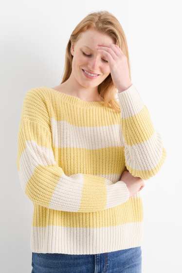 Damen - Pullover - gerippt - gestreift - gelb