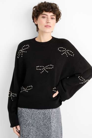 Women - Jumper with rhinestones - black