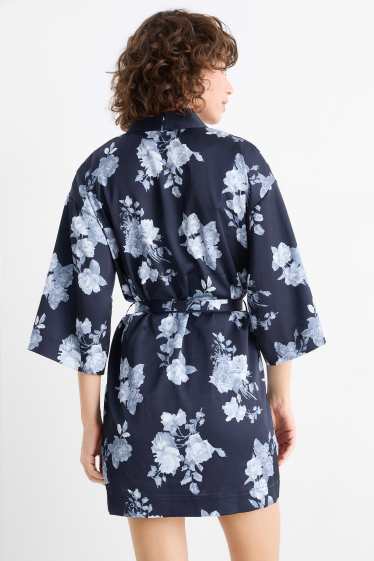 Femmes - Kimono de satin - à fleurs - bleu foncé
