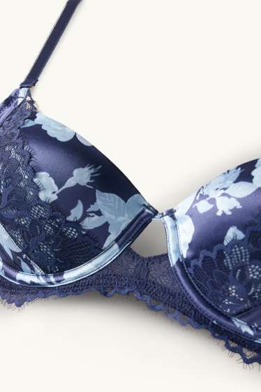 Dames - Satijnen BH met beugels - DEMI - voorgevormd - gebloemd - donkerblauw