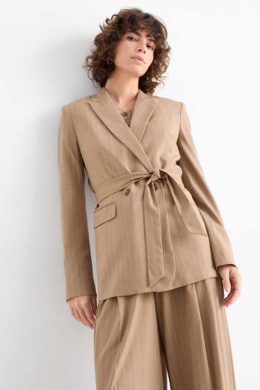 Dames - Lange blazer - regular fit - krijtstrepen - beige