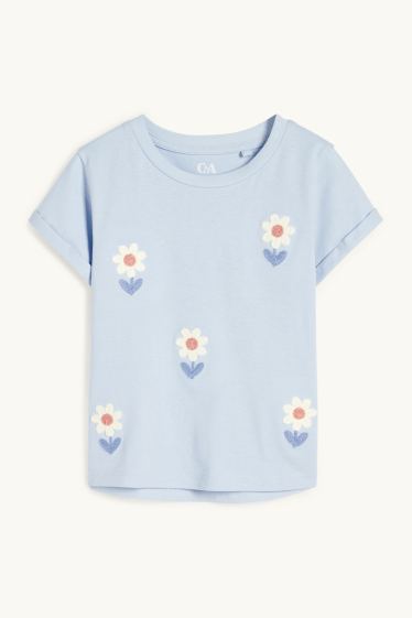 Děti - dívky - Květinový motiv - tričko s krátkým rukávem - světle modrá