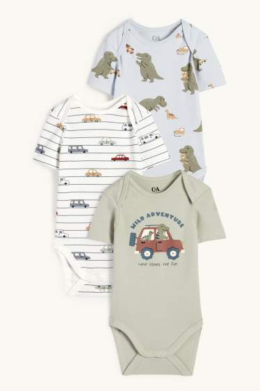 Baby Jungen - Multipack 3er - Dino und Auto - Baby-Body - blau
