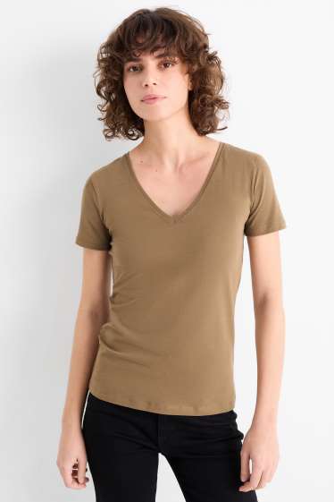 Kobiety - T-shirt z wycięciem V - slim fit - kaki