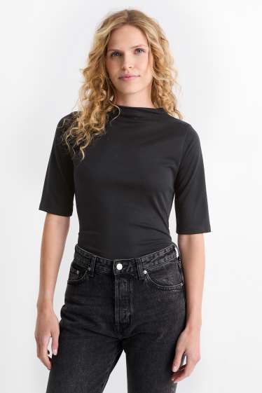 Femmes - Haut à manches longues - finition côtelée - noir