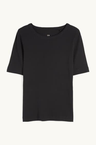 Dámské - Tričko basic - slim fit - žebrované - černá