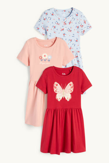 Děti - dívky - Multipack 3 ks - motiv motýla a květinové motivy - šaty - červená