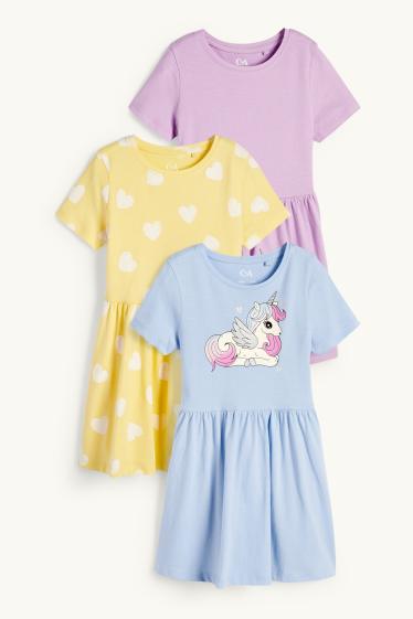 Enfants filles - Lot de 3 - licornes et cœurs - robes - bleu clair