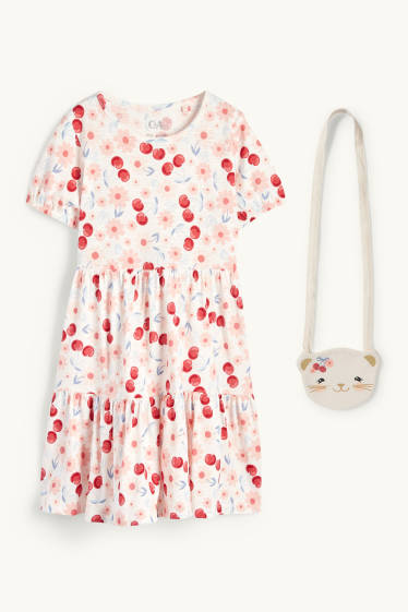 Enfants filles - Cerise et chat - ensemble - robe et sac - 2 pièces - blanc crème