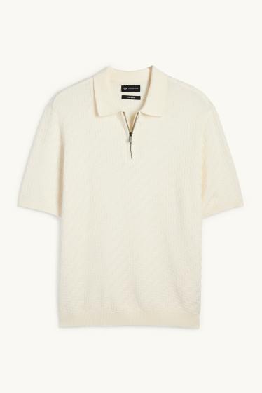 Herren - Strick-Poloshirt mit Leinen-Anteil - Regular Fit - cremeweiß
