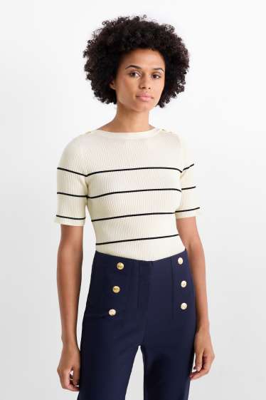 Femmes - Pull - finition côtelée - à rayures - blanc crème