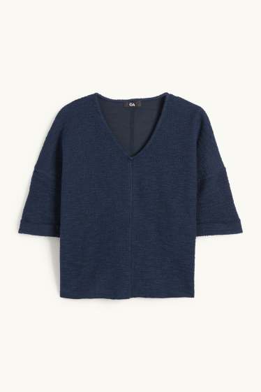 Femmes - T-shirt en bouclé à col V - bleu foncé