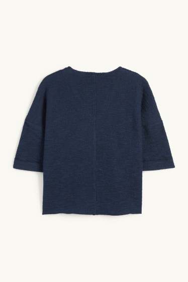 Femmes - T-shirt en bouclé à col V - bleu foncé