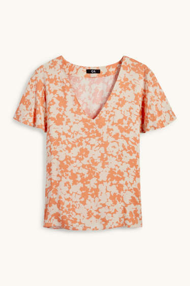 Damen - Bluse mit V-Ausschnitt - geblümt - orange