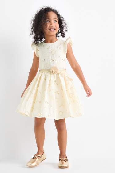 Children Girls - Dress with belt - floral - light beige