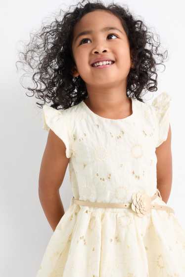 Children Girls - Dress with belt - floral - light beige