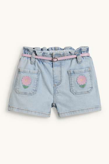 Bambine - Fiori - shorts di jeans con cintura - jeans azzurro