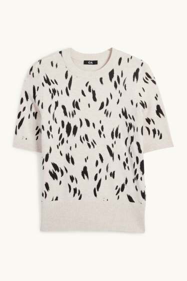 Women - Knitted jumper - short sleeve - patterned - black / beige