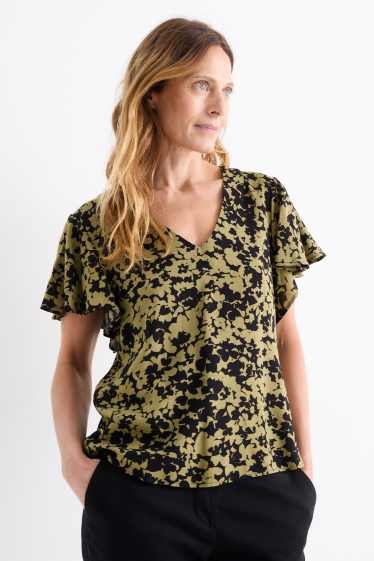 Damen - Bluse mit V-Ausschnitt - geblümt - dunkelgrün / schwarz