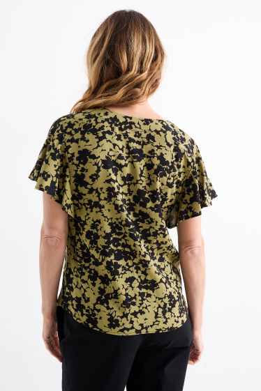 Damen - Bluse mit V-Ausschnitt - geblümt - dunkelgrün / schwarz