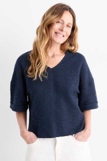Femmes - T-shirt en bouclé à col V - bleu foncé