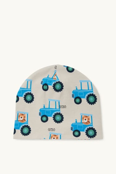 Děti - chlapci - Motivy traktorů a tygra - čepice beanie - světle béžová