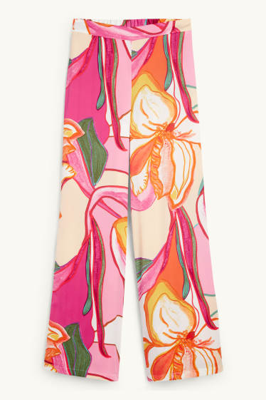 Women - Satin trousers - high waist - wide leg - patterned - rose