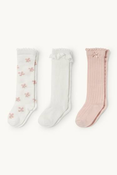 Baby Mädchen - Multipack 3er - Blümchen - Baby-Kniestrümpfe mit Motiv - weiß