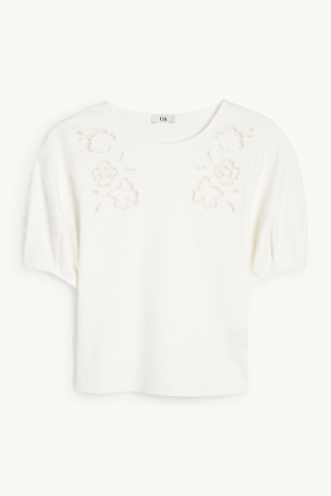Dames - T-shirt - regular fit - broderie Anglaise - crème wit