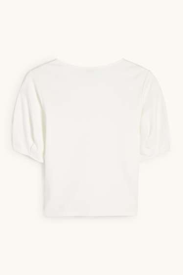 Dames - T-shirt - regular fit - broderie Anglaise - crème wit