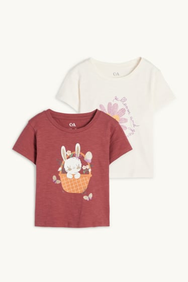 Kinderen: meisjes - Set van 2 - bloem en konijntje - T-shirt - bordeaux