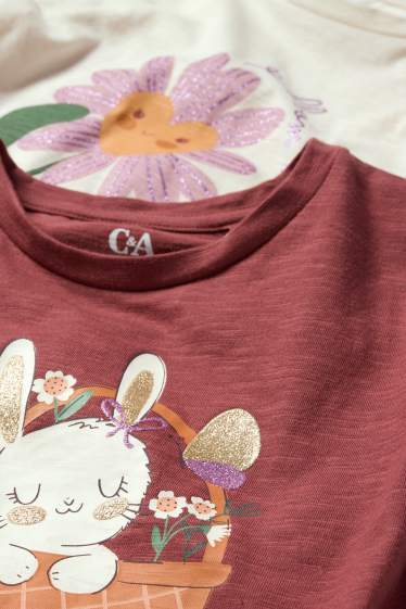 Kinderen: meisjes - Set van 2 - bloem en konijntje - T-shirt - bordeaux