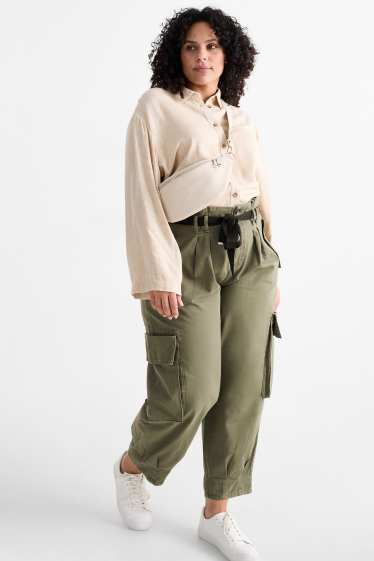 Women - Cargo trousers - high waist - tapered fit - dark green