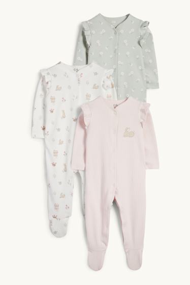 Baby Girls - Multipack of 3 - flowers and bunny rabbit - baby sleepsuit - rose