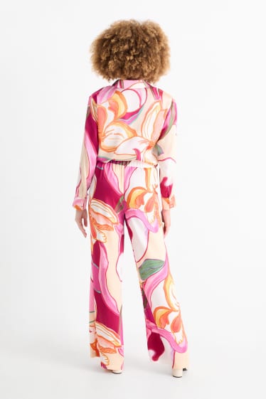 Women - Satin trousers - high waist - wide leg - patterned - rose