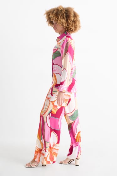 Women - Satin trousers - high waist - wide leg - patterned - rose
