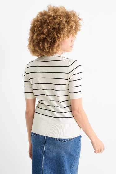 Damen - Strickpullover - kurzarm - gestreift - cremeweiß