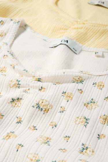 Bambine - Confezione da 2 - t-shirt - a coste - a fiori - bianco crema